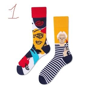 CRAZY SOCKS French Mismatched Artistic Crew Socks Picasso,espresso, cats, Santa